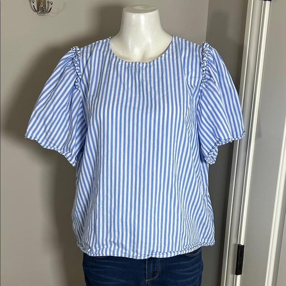 Tuckernuck Pomander Place Blue and White Puff Sleeve Peplum Blouse Sz M - Picture 3 of 11
